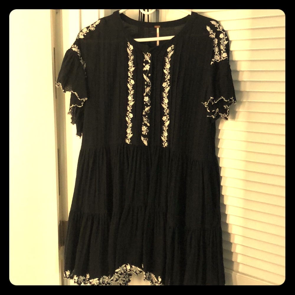 Free People black baby doll dress with cream trim